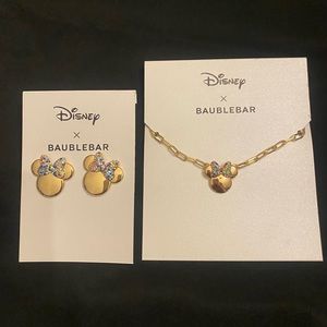 NWOT Disney X Baublebar Gold Minnie Mouse Necklace & Earring Set Rainbow Bow